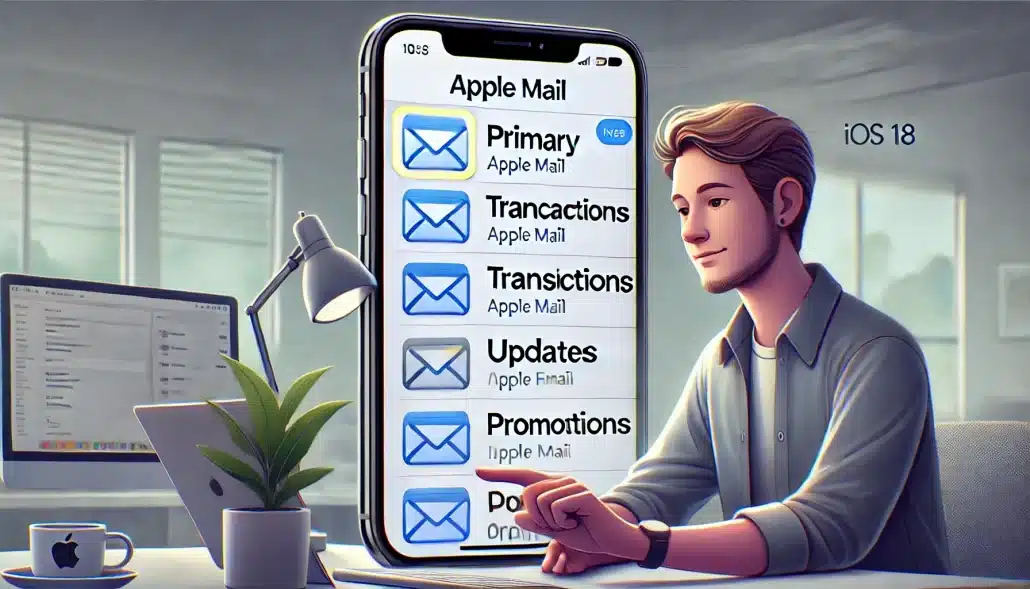 illustrations sur les nouvelles fonctionnalités d'Apple Mail avec iOS 18. Nouvelle organisation par onglets et l'intégration de l'IA pour une meilleure gestion des emails